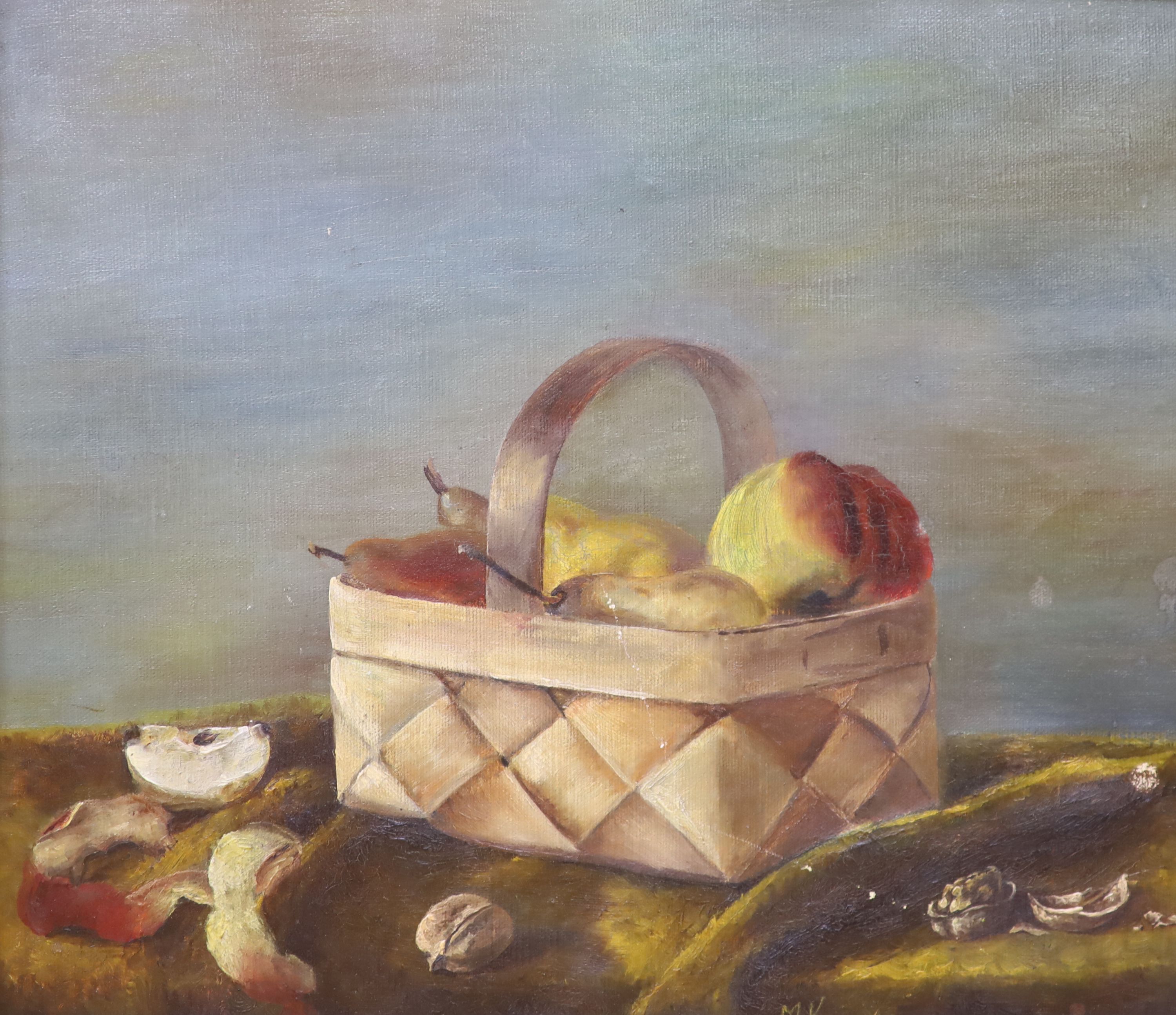 Early 20th century English School, oil on canvas, Still life of pears in a basket, initialled MK, 38 x 45cm
